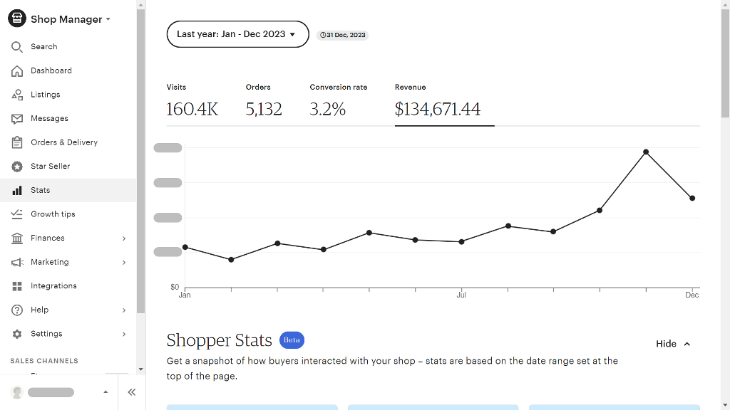 Etsy Store stats with $134,671 revenue in previous year